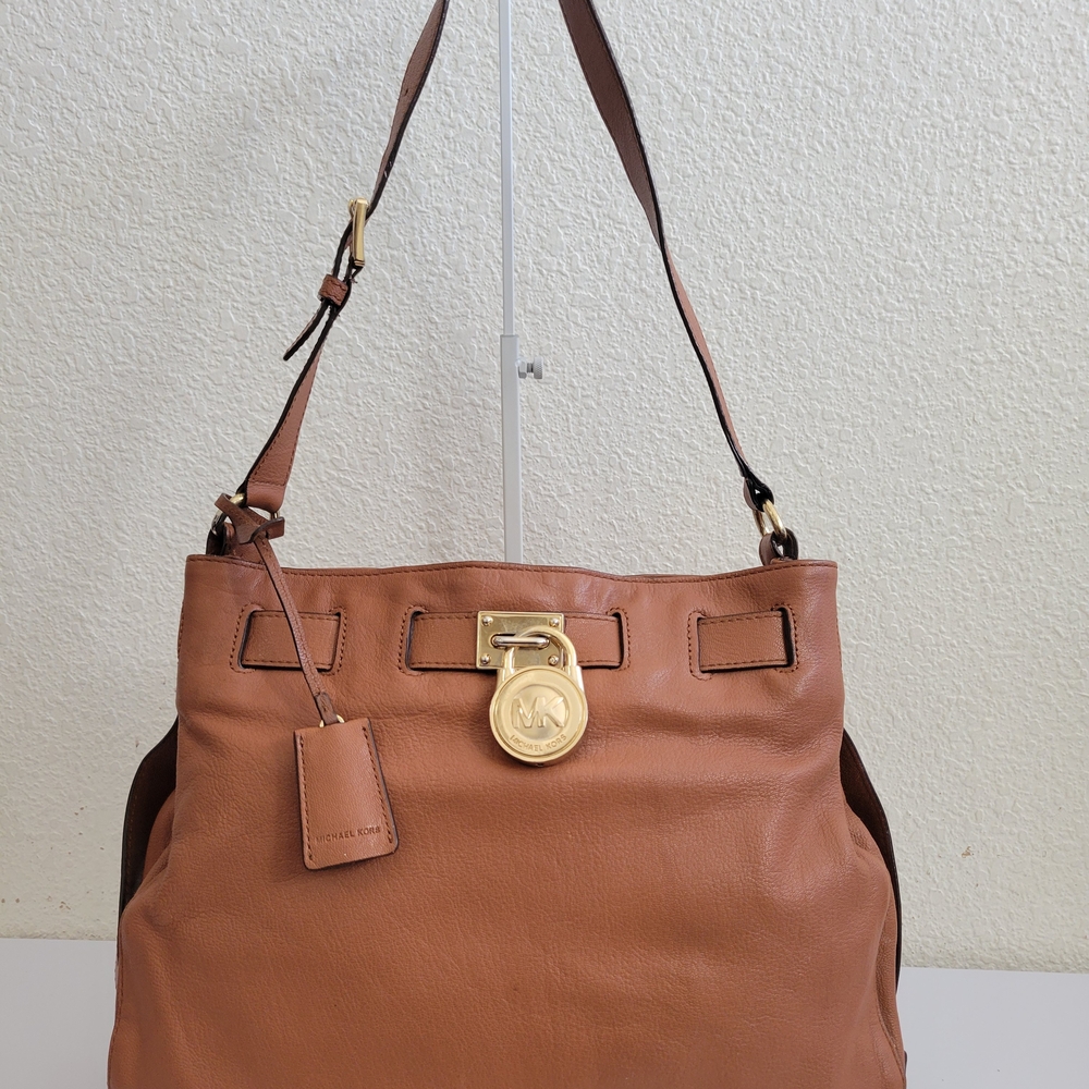 Michael Kors Hamilton Leather Shoulder Bag Brown Gold Lock